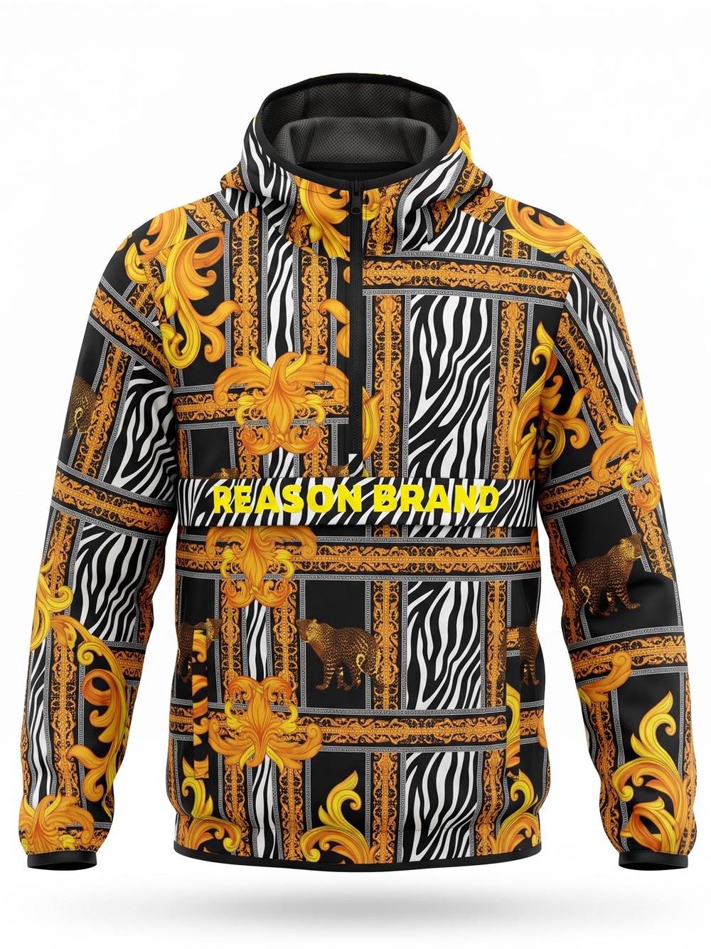 Reason Brand Pull Over Hoodie Gold Black Abstract Animal Print Men Size Large